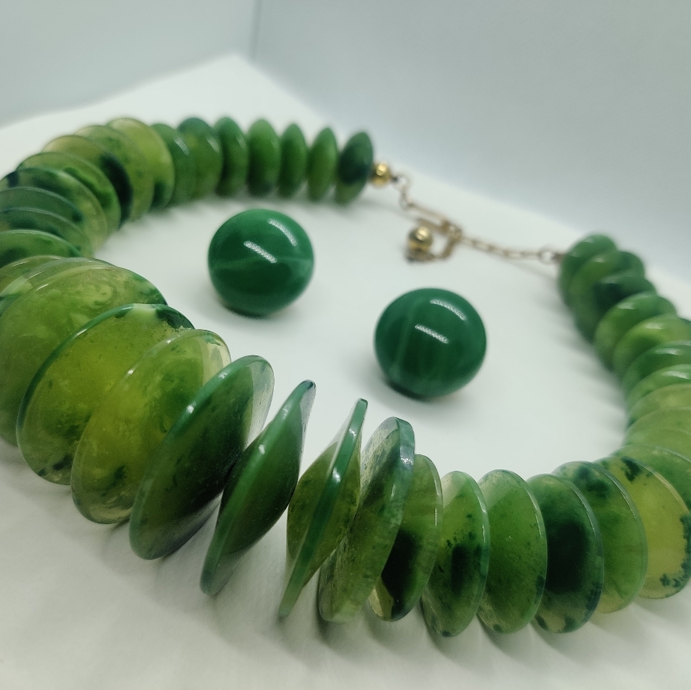 Vintage Trifari Lucite Green Faux Jade Massive Set